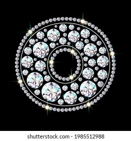 Alphabet letter O made from bright, sparkling diamonds. Jewelry font. 3d realistic style vector illustration.