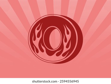 Alphabet letter O with ornament flames. Sunburst background. Vector illustration