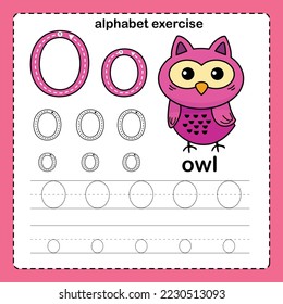 Alphabet Letter  O - Owl exercise with cartoon vocabulary illustration, vector