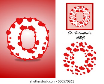 Alphabet Letter O With Red Heart Valentine Day. Valentine`s Day Alphabet of Hearts Vector Illustration. Love ABC