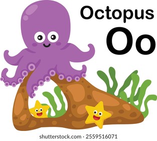 Alphabet Letter O-Octopus with cartoon vocabulary illustration, vector