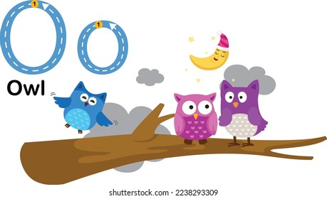 Alphabet Letter O-Owl with cartoon vocabulary illustration, vector