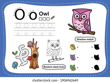 Alphabet Letter O-owl exercise with cartoon vocabulary illustration, vector