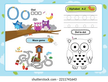 Ejercicio O-Owl de letra alfabeta con ilustración de vocabulario de dibujos animados, vector