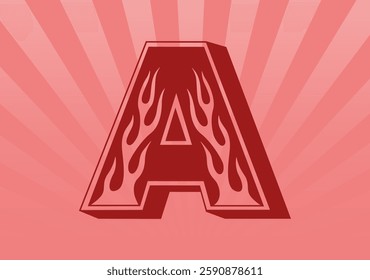 Alphabet letter A with ornament flames. Sunburst background. Vector illustration