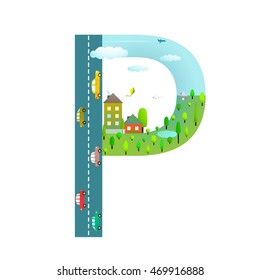 Alphabet Letter P Cartoon Flat Style for Kids. Fun alphabet letter for children boys and girls with city, houses, cars, trees. Learning, teaching, studying abc, flat style. Vector illustration