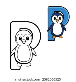 Alphabet letter "P" with a cute penguin coloring page. Features a big letter "P" alongside an adorable penguin, perfect for fun and educational coloring activities.