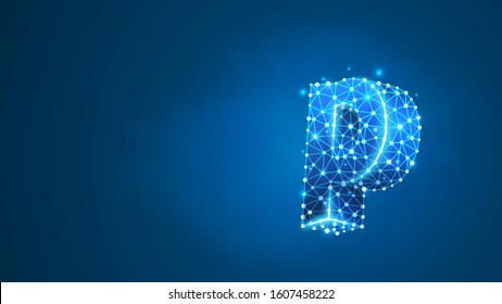 Alphabet letter P. Design of a lowercase englih letter. Banner, template or a pattern. Abstract digital wireframe, low poly mesh, vector blue neon 3d illustration. Triangle, line, dot