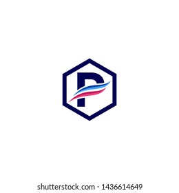 Alphabet letter P logo design concept with blue and pink waves into hexagonal frame
