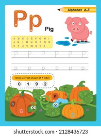 Alphabet Letter P - Pig-Übung mit Cartoon-Vokabular-Illustration, Vektorgrafik