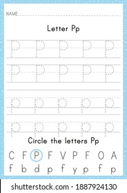 Alphabet Letter P Tracing Worksheet. Activity for pre schoolers and kindergarten. English Alphabet training for kids. A4 paper ready to print.