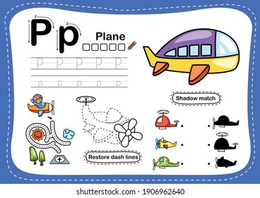 Alphabet Letter P-plane exercise with cartoon vocabulary illustration, vector