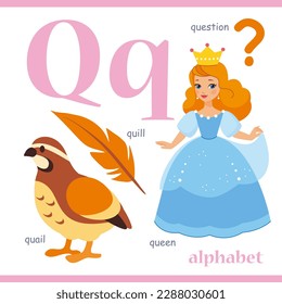 Letra alfabeta Q con ilustración de vocabulario de dibujos animados: reina, codorniz, pregunta, quill. Niños cortos tarjeta flash del alfabeto ABC con letra Q para niños que aprenden vocabulario inglés.