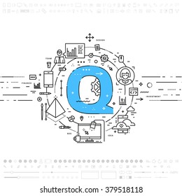 Alphabet Letter Q. Flat Style, Thin Line Art Design. Set of application development, web site coding, information, mobile technologies, business icons and elements. Modern concept vectors collection