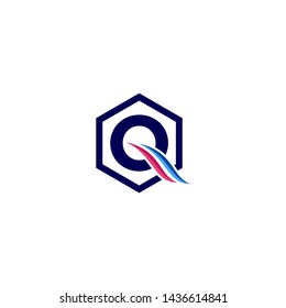 Alphabet letter Q logo design concept with blue and pink waves into hexagonal frame