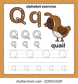 Alphabet Letter  Q - Quail with cartoon vocabulary illustration, vector