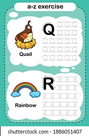Alphabet Letter Q - R exercise with cartoon vocabulary illustration, vector