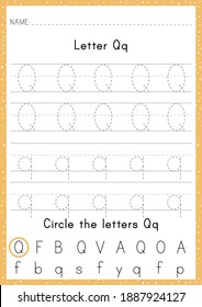 Alphabet Letter Q Tracing Worksheet. Activity for pre schoolers and kindergarten. English Alphabet training for kids. A4 paper ready to print.