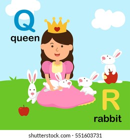 Alphabet Letter Q-queen,R-rabbit,vector illustration