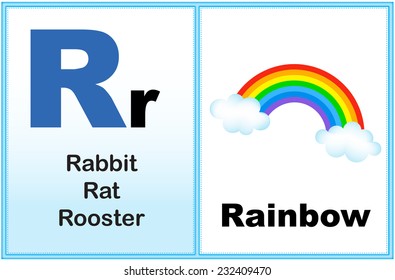Alphabet letter R with clip-art and few similar words starting with the letter printable graphic for preschool / kindergarten kids 