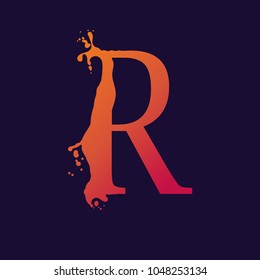 Alphabet letter R with liquid splash and drops, abstract colorful ink abc, stylized dynamic paint trail font. Vector
