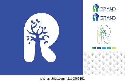 Alphabet letter R logo with a tree as negative space in bold letter with logo color variation and pattern for branding design