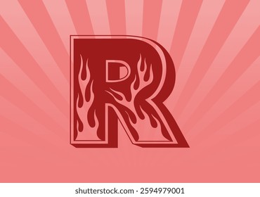 Alphabet letter R with ornament flames. Sunburst background. Vector illustration