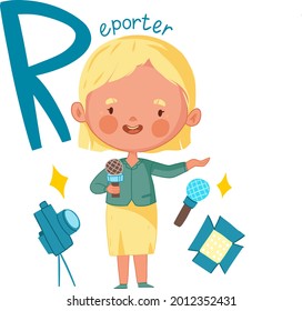 alphabet letter r profession reporter with microphone