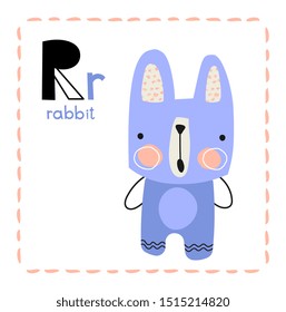Alphabet letter R for Rabbit for kids with upper and lower case letters alongside a drawing of a cute little blue bunny, educational vector