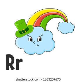 Alphabet letter R. Rainbow in hat. ABC flash cards. Cartoon cute character isolated on white background. For kids education. Developing worksheet. Learning letters. Vector illustration.