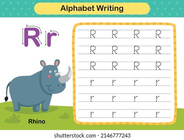 Alphabet Letter  R - Rhino exercise with cartoon vocabulary illustration, vector