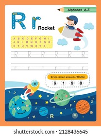 Alphabet Letter R - Rocket  exercise with cartoon vocabulary illustration, vector