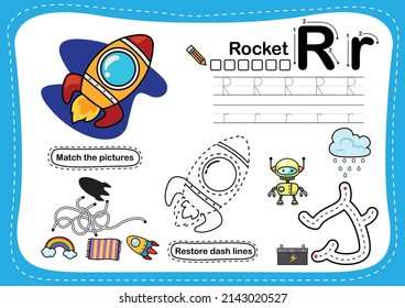 Letra alfabeta R - Ejercicio de cohetes con ilustración de vocabulario de dibujos animados, vector