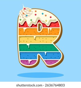 Alphabet letter R shaped rainbow cake