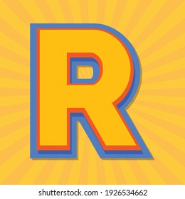 Alphabet letter R with yellow sun rays background, vector alphabet