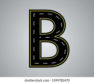 Alphabet letter road with white and yellow line markings highway letters and numbers a to z and 1 to 0 LETTER B
