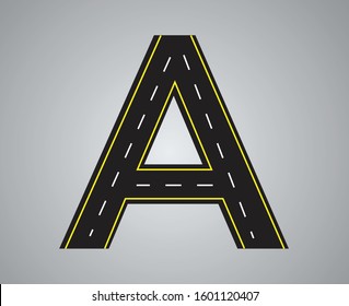  Alphabet letter road with white and yellow line markings highway letters and numbers a to z and 1 to 0 LETTER A