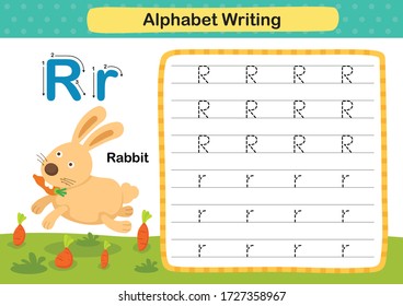 Alphabet Letter R-Rabbit exercise with cartoon vocabulary illustration, vector