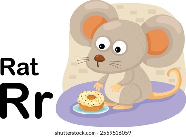 Alphabet Letter R-Rat with cartoon vocabulary illustration, vector