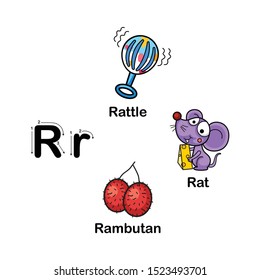 Alphabet Letter R-rat,rattle,rambutan vector illustration