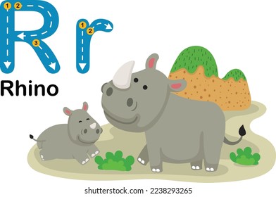 Alphabet Letter R-Rhino with cartoon vocabulary illustration, vector