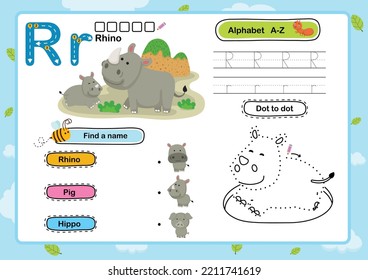 Alphabet Letter R-Rhino-Übung mit Cartoon-Vokabular-Illustration, Vektorgrafik