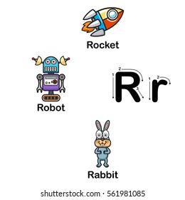 Alphabet Letter R-rocket,robot,rabbit vector illustration
