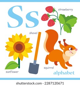 Alphabet letter S with cartoon vocabulary illustration: strawberry, sunflower, squirrel, shovel. Cute children ABC alphabet flash card with letter S for kids learning English vocabulary.