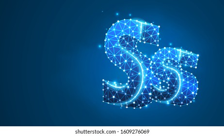 Alphabet letter S. Design of an Uppercase and lowercase english letters. Banner, template or a pattern. Abstract digital wireframe, low poly mesh, vector blue neon 3d illustration. Triangle, line, dot