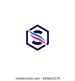 Alphabet letter S logo design concept with blue and pink waves into hexagonal frame