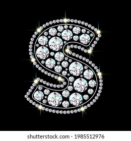 Alphabet letter S made from bright, sparkling diamonds. Jewelry font. 3d realistic style vector illustration.