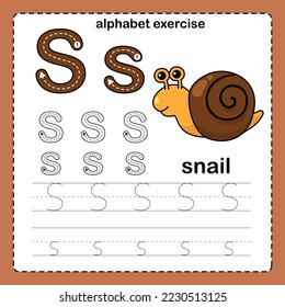 Alphabet Letter  S - Snail exercise with cartoon vocabulary illustration, vector