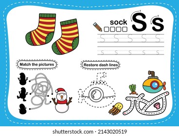 Alphabet Letter S - Sock exercise with cartoon vocabulary illustration, vector