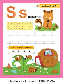 Alphabet Letter S - Squirrel exercise with cartoon vocabulary illustration, vector